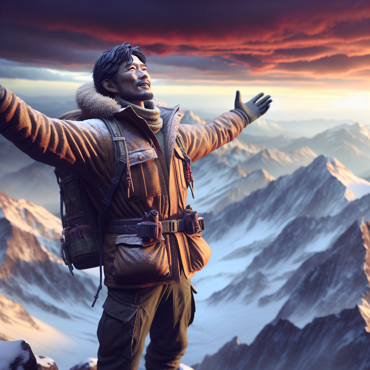 A man standing on a snow-covered mountain peak with arms outstretched, surrounded by a mountain range and a vibrant sunset.