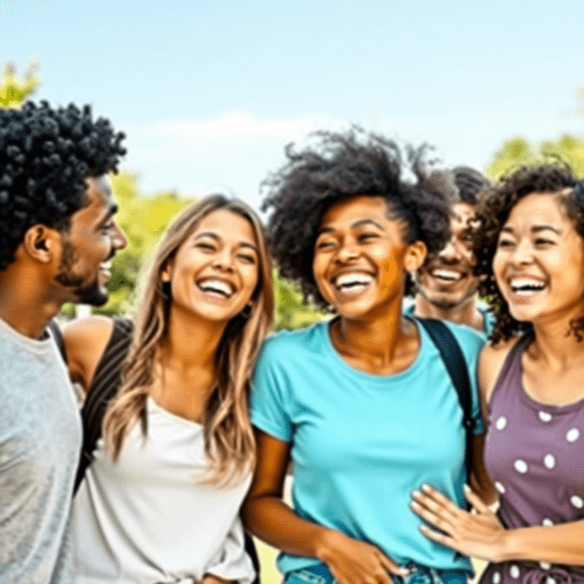 A diverse group of friends laughing and supporting each other in a bright outdoor setting, radiating positivity and strong relationships.