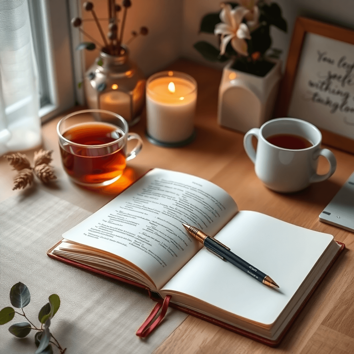 A peaceful workspace with an open journal and pen, a cup of tea, soft lighting, and nature-inspired decor, creating a tranquil atmosphere for reflection.