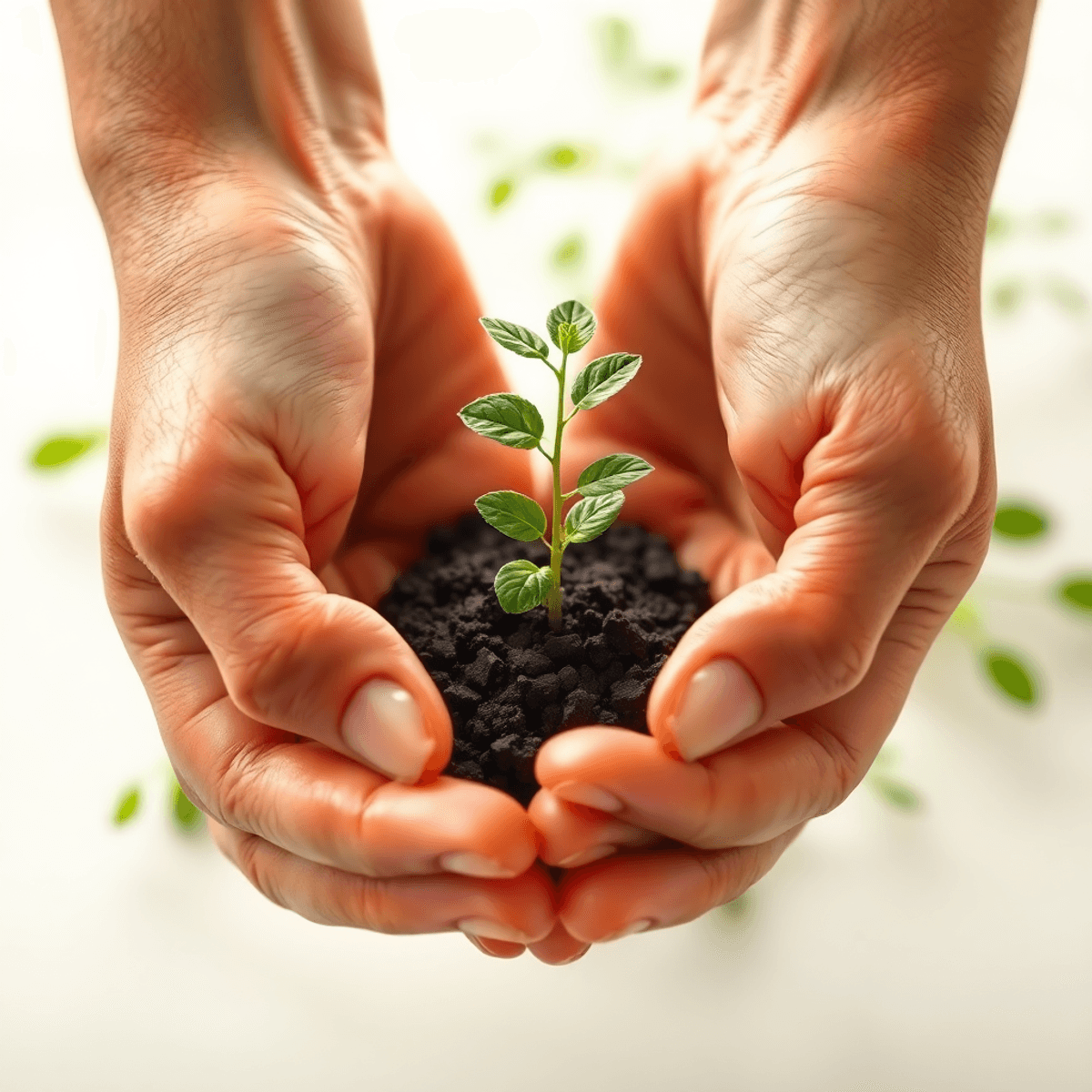 Two hands gently nurturing a small plant, symbolizing growth and care, set against a soft, calming background with hints of greenery.