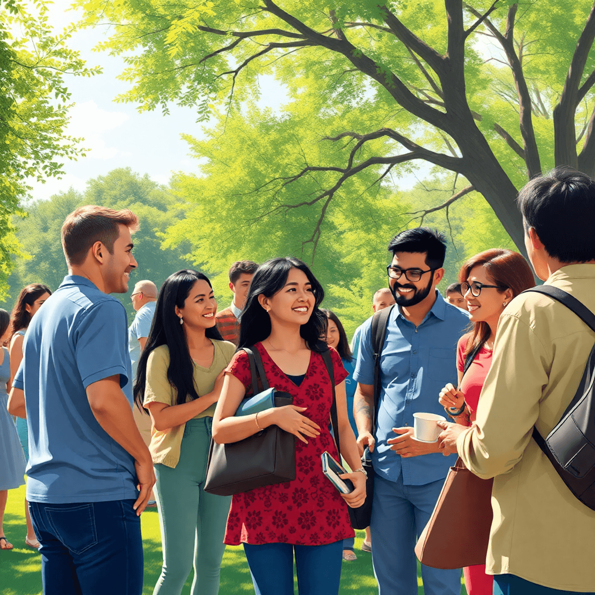 A lively park gathering with people engaged in conversations and activities, surrounded by bright colors and a sunny atmosphere, symbolizing support and collaboration.