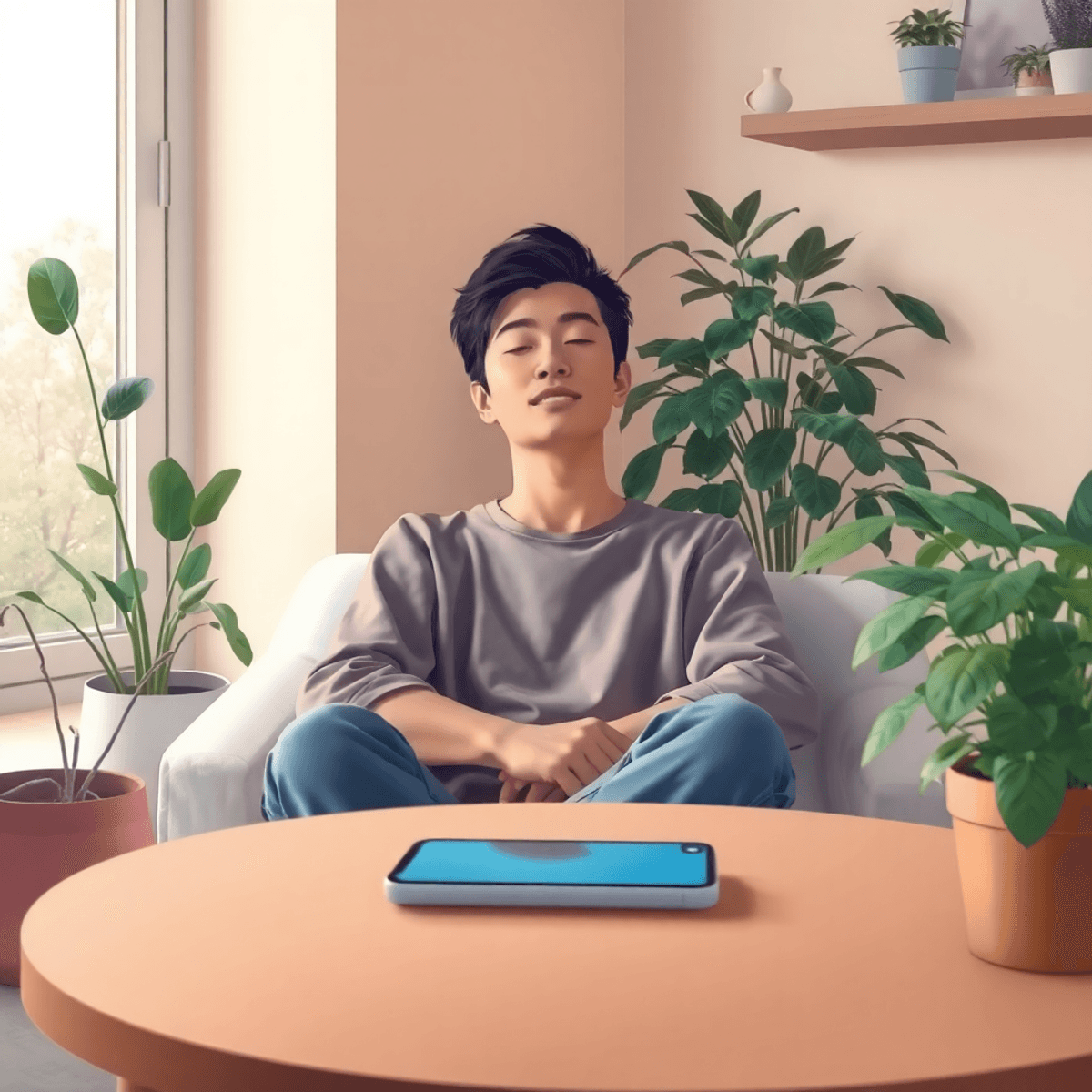A person sitting peacefully in a cozy, minimalistic room filled with plants and soft lighting, with a smartphone turned face down on a nearby table.