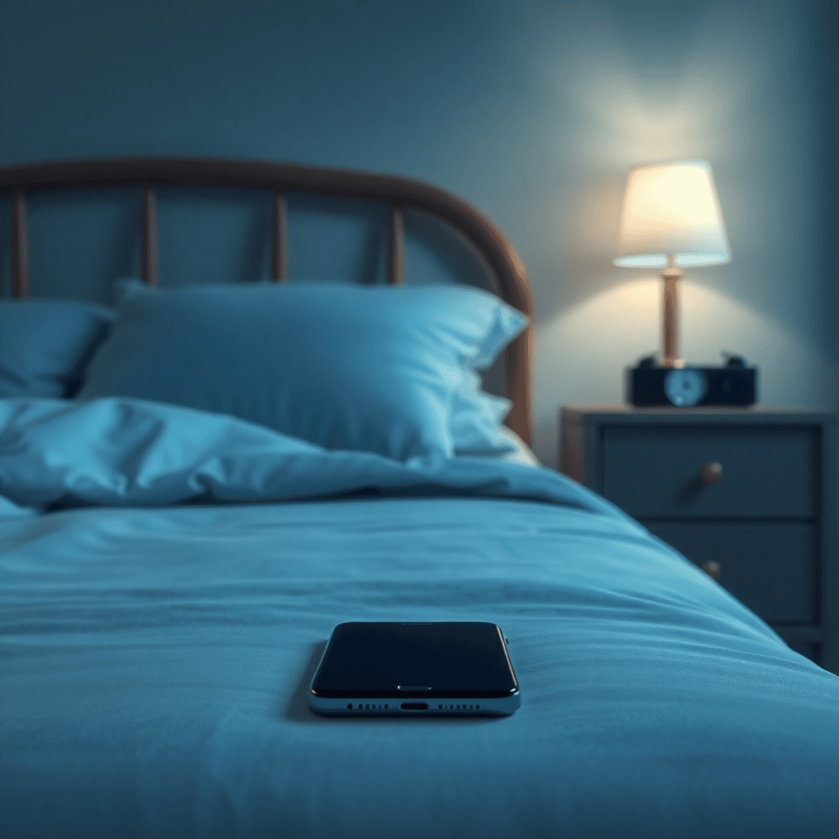 A serene bedroom with a cozy bed, gentle lighting, a clock indicating bedtime, and a smartphone face down on a nightstand, promoting tranquility and screen-free sleep.