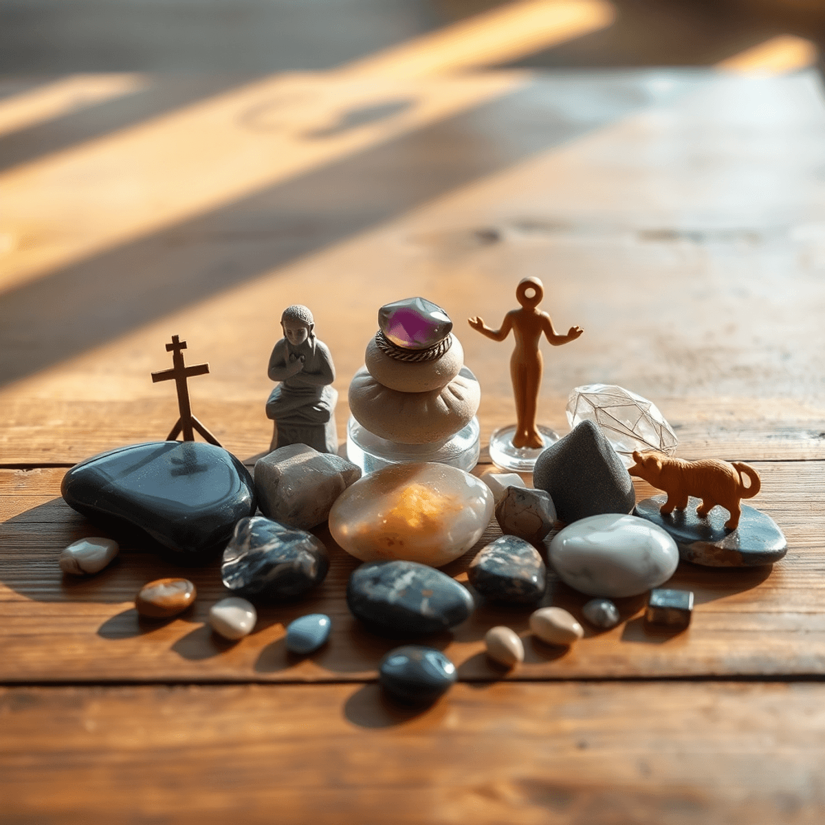 A harmonious arrangement of personal totems, including stones, crystals, and symbols of strength, on a wooden surface bathed in soft natural light.