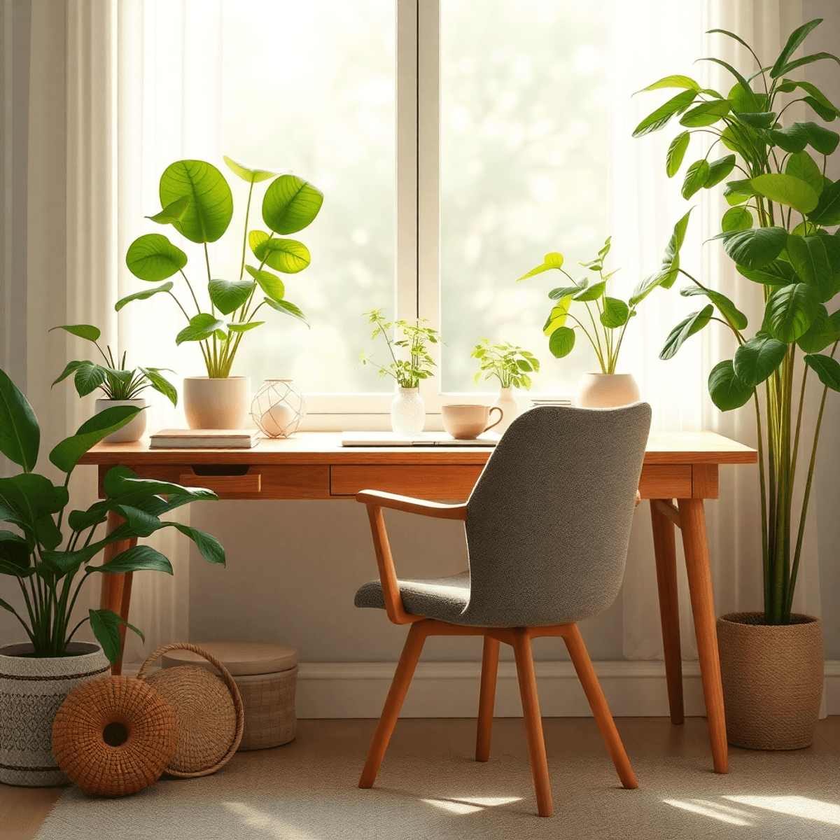 A cozy workspace with a desk and comfortable chair, surrounded by plants, a cup of tea or coffee, and soft natural light streaming through a window.